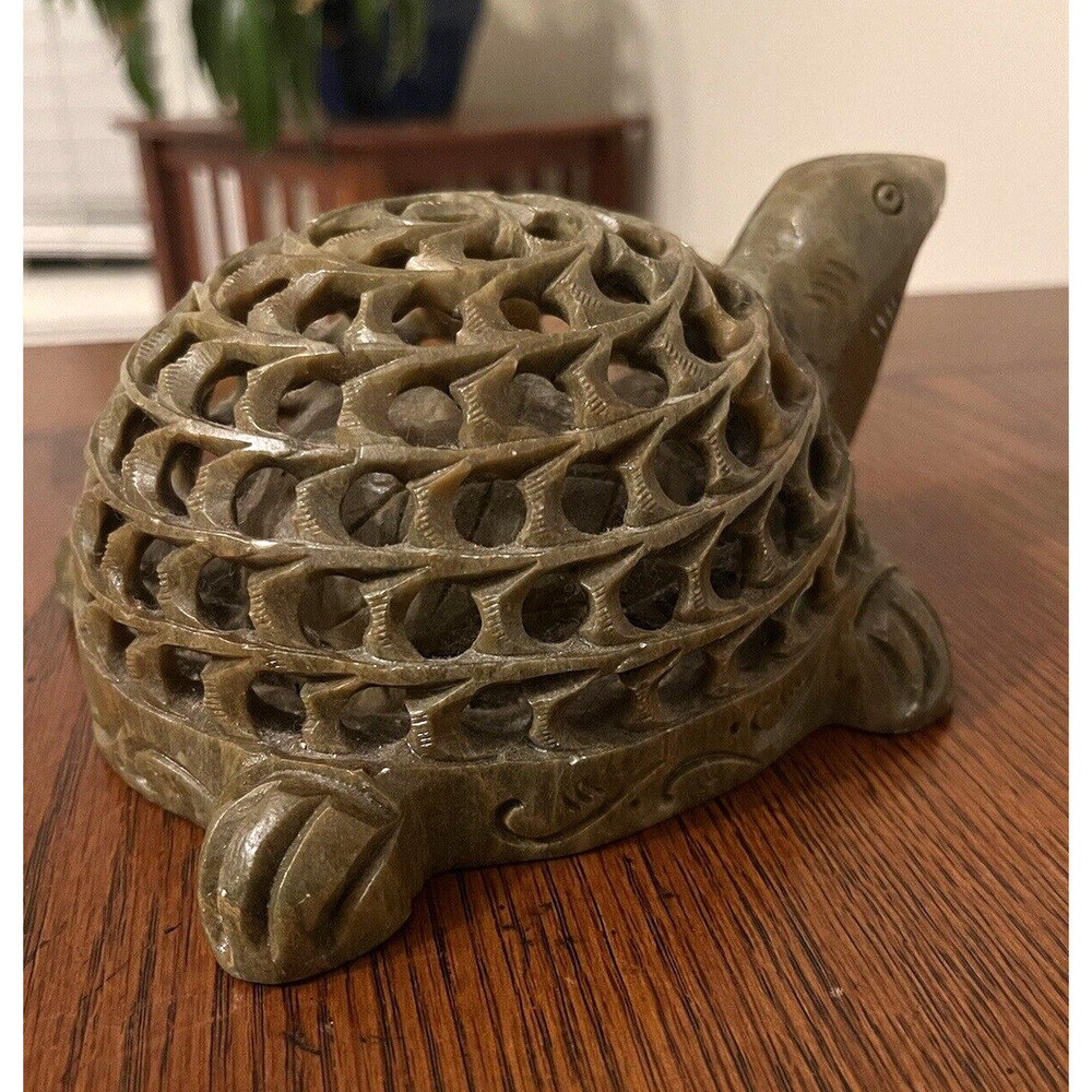 Vintage Carved Stone Turtle With Baby Turtle Inside Made In India